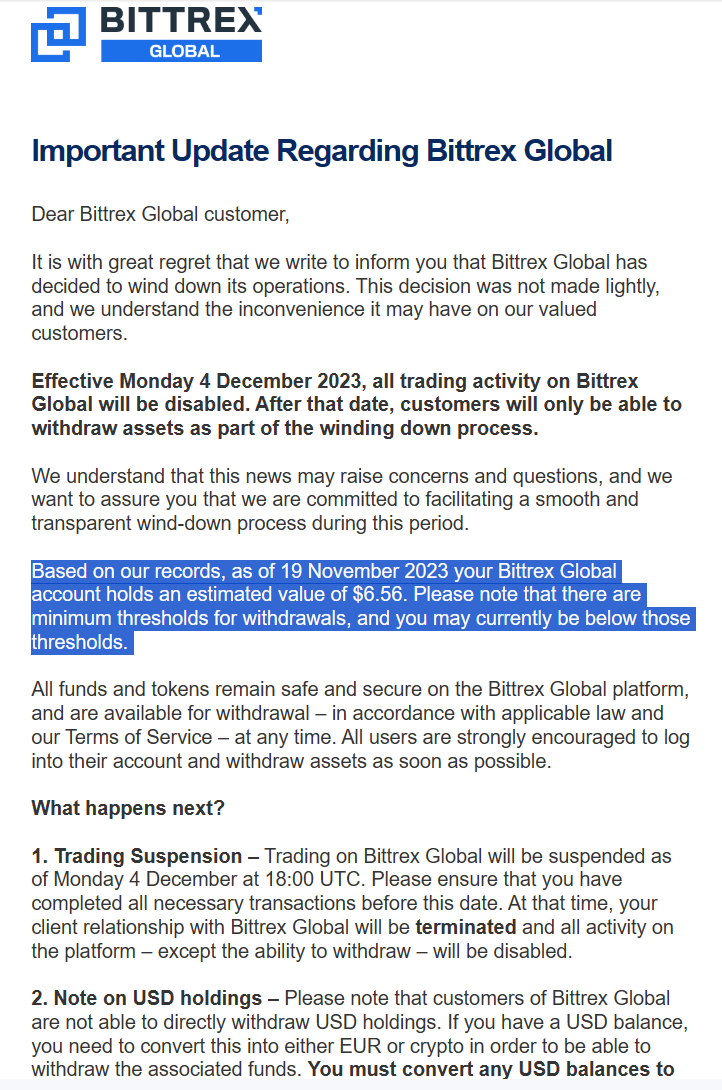 Bittrex Global is shutting down - took me 10 min to withdraw 7 USDT  (0.0001754 BTC) — Steemit