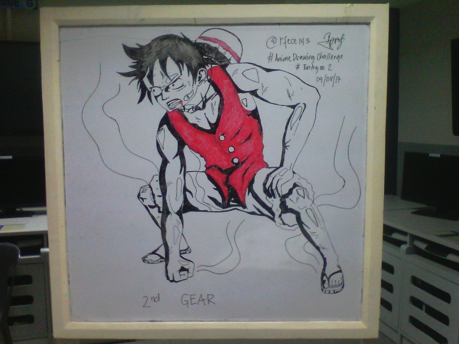 Anime Character Drawing Challenge “Monkey D. Luffy at 2nd Gear: Gomu Gomu  No Mi ” Using a whiteboard marker. — Steemit, image size:1600x1200