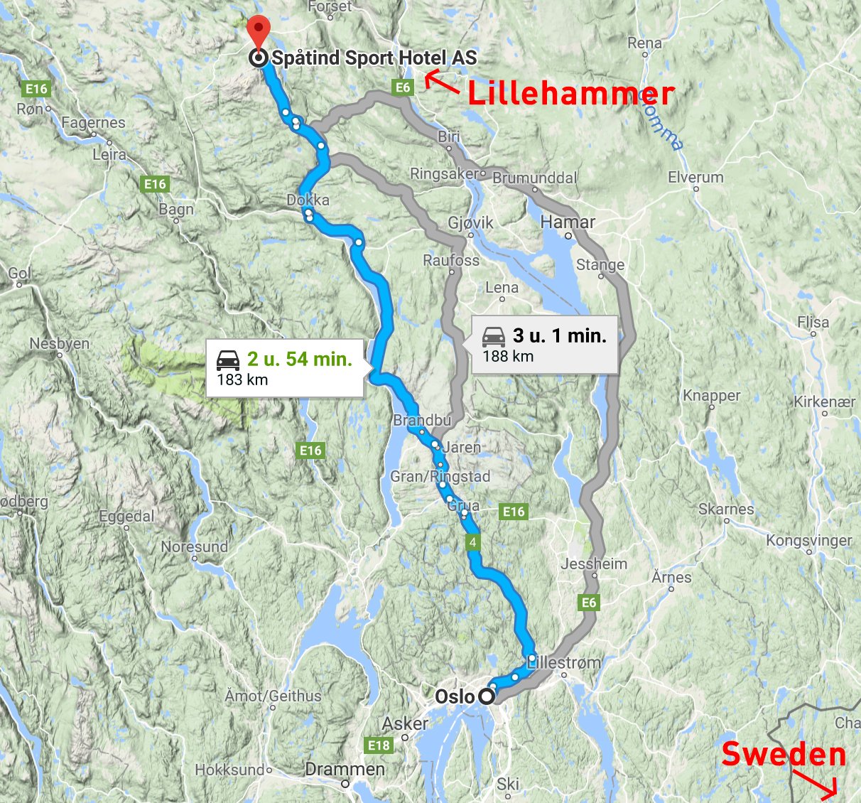 Oslo to Spåtind Sport Hotel Map