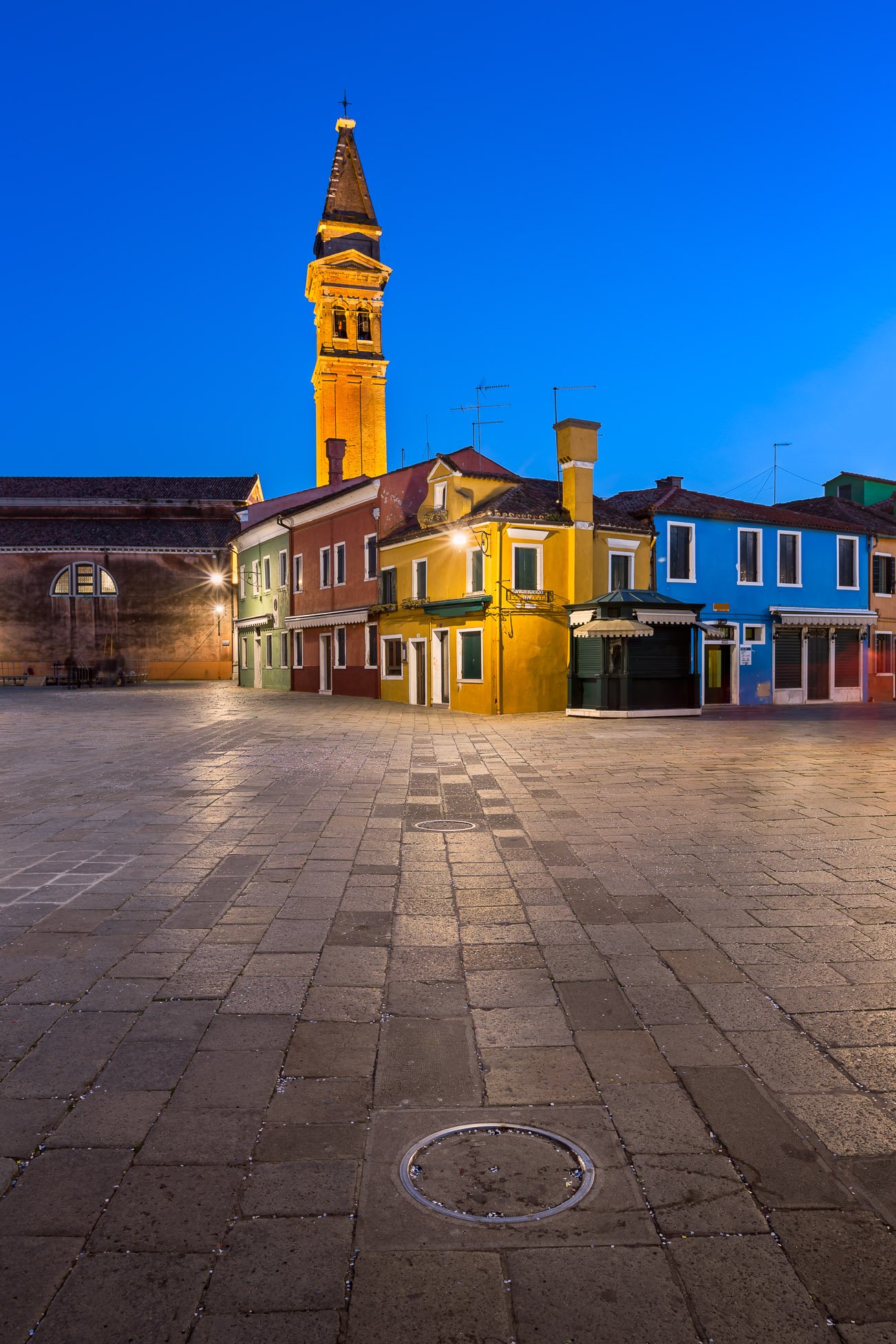 Chiesa di San Martino and Colorful Burano Houses in the Evening, Burano, Veneto, Italy