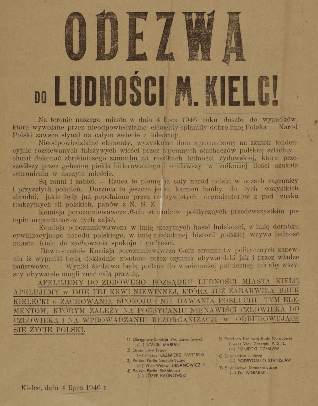 Fot. Odezwa do ludności z 4 lipca w sprawie sprawców pogromu