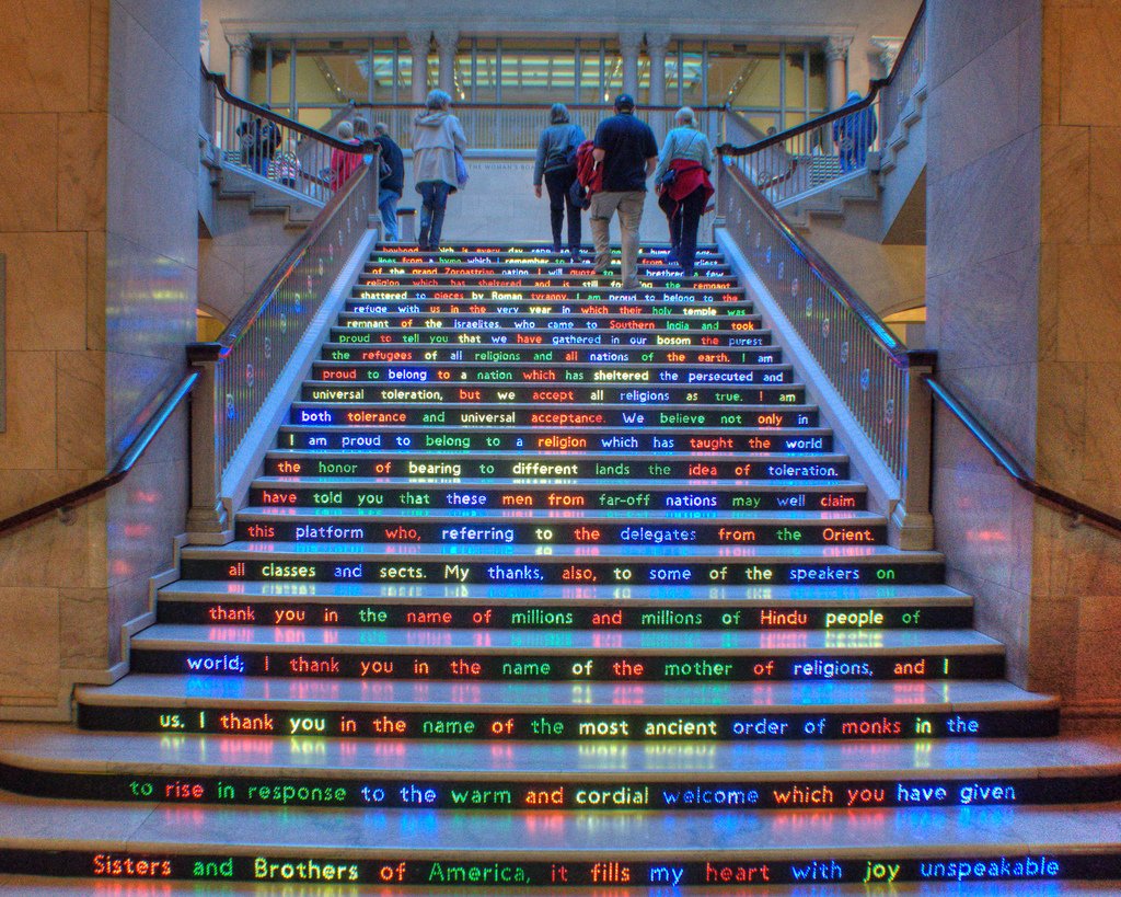 Jitish Kallat's Public Notice 3 installed on the Art Institute of Chicago's Grand Staircase