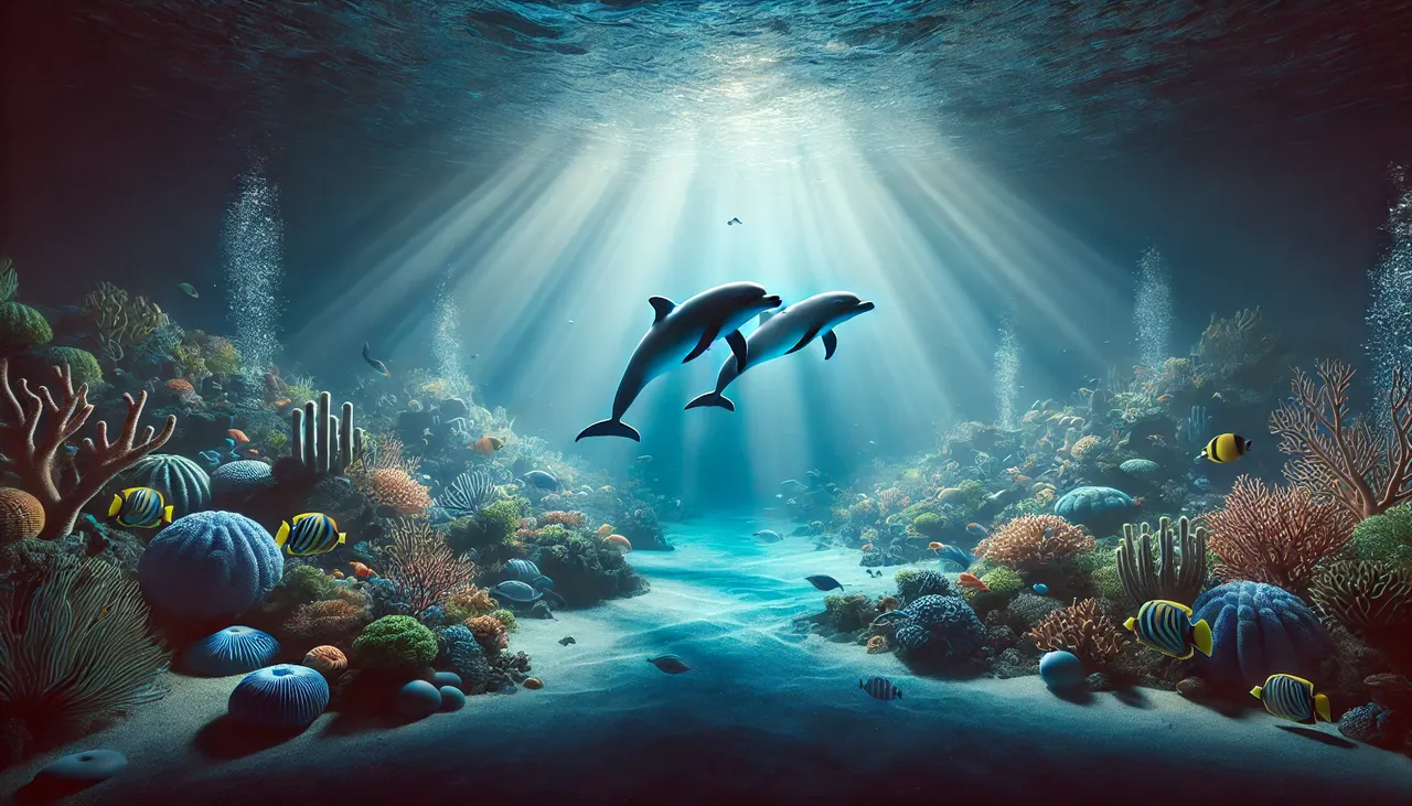 DALL·E 2024-12-18 20.49.28 - A 3D underwater scene featuring dolphins swimming gracefully in the deep sea. The environment is illuminated by soft rays of sunlight penetrating the .webp