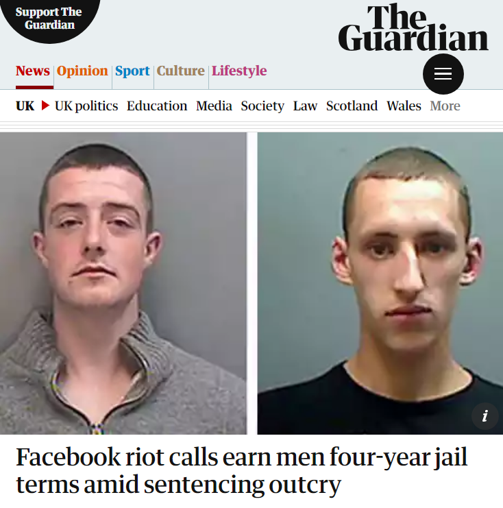 UK jails 2 young men four years each for posting a post on Facebook in August 2011