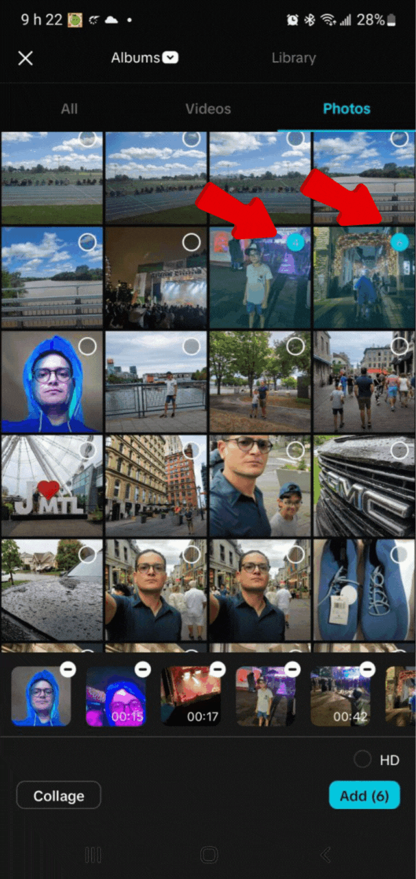 sélectionner les 6 médias (3 vidéos et 3 photos) à ajouter à notre projet.gif