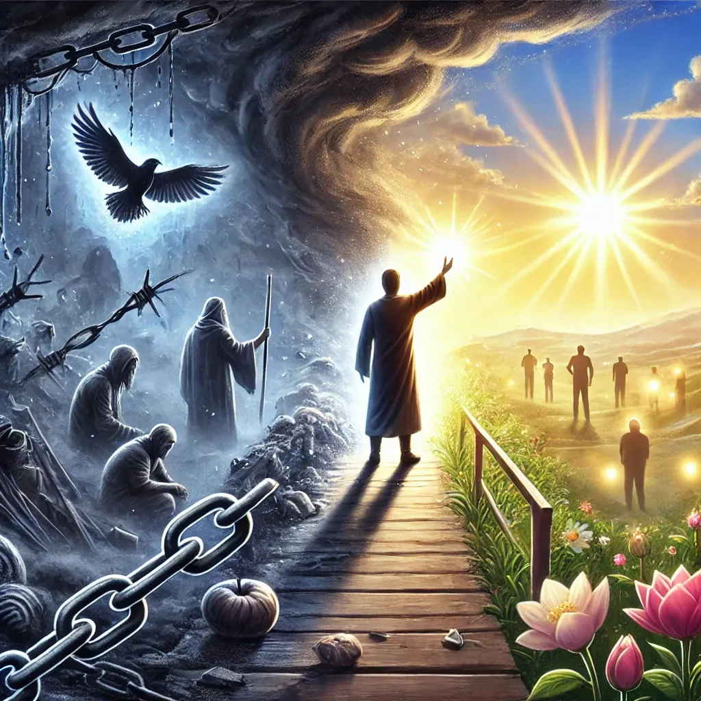 DALL·E 2024-12-17 15.55.47 - A heartfelt, symbolic illustration representing redemption and atonement. The image shows a person standing on a bridge, transitioning from a dark sto.webp