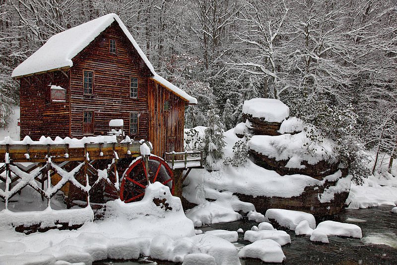 800px-Winter-snow-falling-glade-creek-gristmill-picture-postcard-pub1_-_West_Virginia_-_ForestWander.jpg