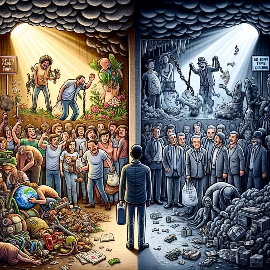 DALL·E 2024-03-28 16.10.10 - An illustration depicting the contrast between those who are overwhelmed by caring for every issue and those who contribute to problems out of self-in.webp