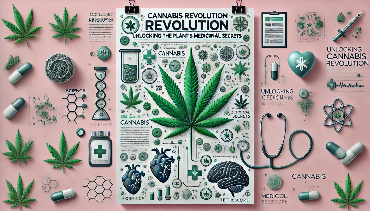 DALL·E 2024-11-18 07.19.52 - A detailed paper-style poster about the medicinal benefits of cannabis, with a horizontal orientation. The poster should include illustrations of cann.webp