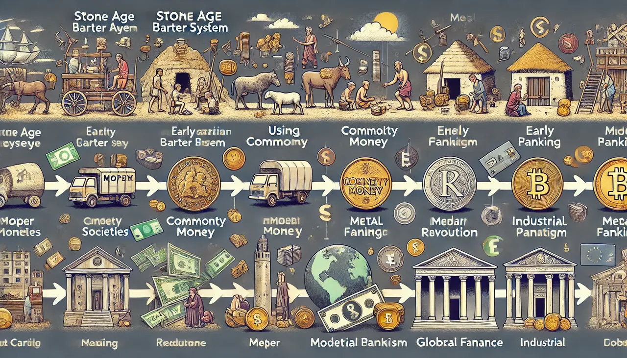 DALL·E 2024-07-25 21.20.52 - A detailed illustrated timeline showing the evolution of money and finance. It begins with the Stone Age barter system with people exchanging goods, m.webp