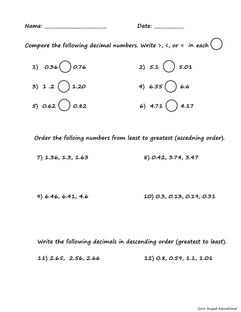 4th grade math - comparing & ordering decimals worksheet — steemkr