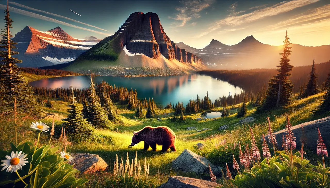 DALL·E 2024-12-17 08.59.28 - A breathtaking view of Glacier National Park in Montana, featuring jagged mountain peaks, a serene alpine lake reflecting the landscape, and a grizzly.webp