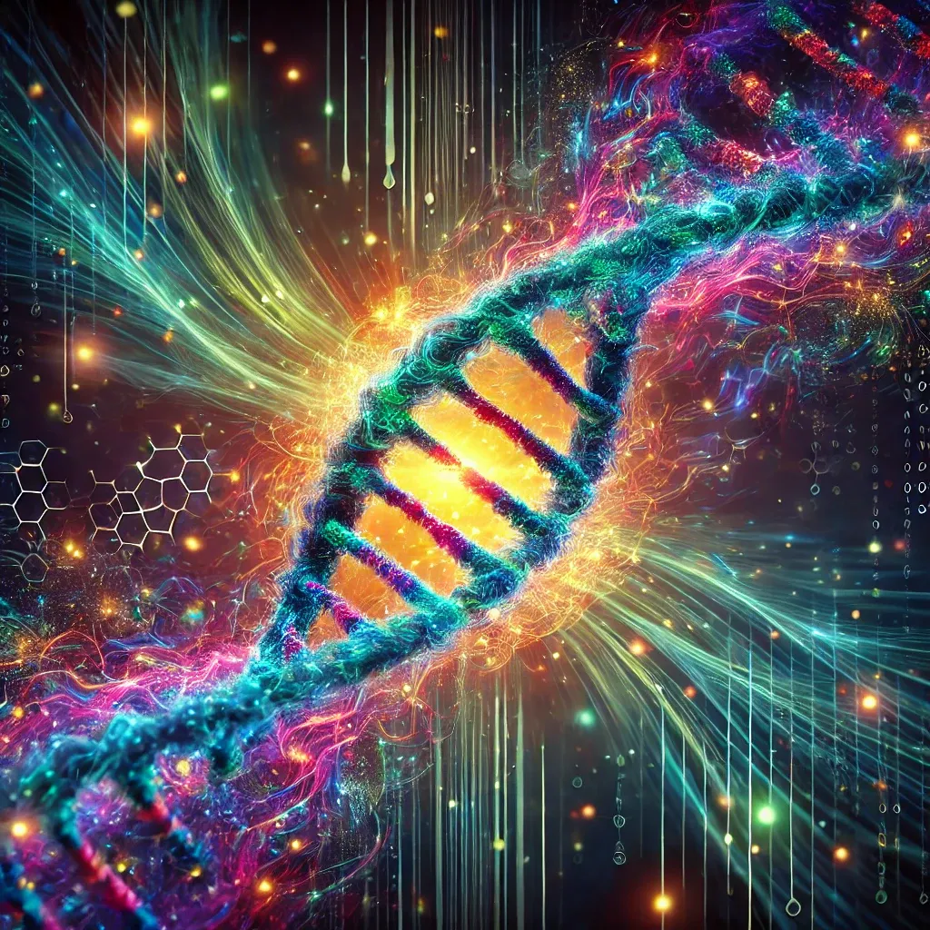 DALL·E 2024-10-09 00.36.12 - A mesmerizing and energetic image of DNA strands in vivid, glowing colors. The double helix structure is shown in electric shades of purple, teal, and.webp