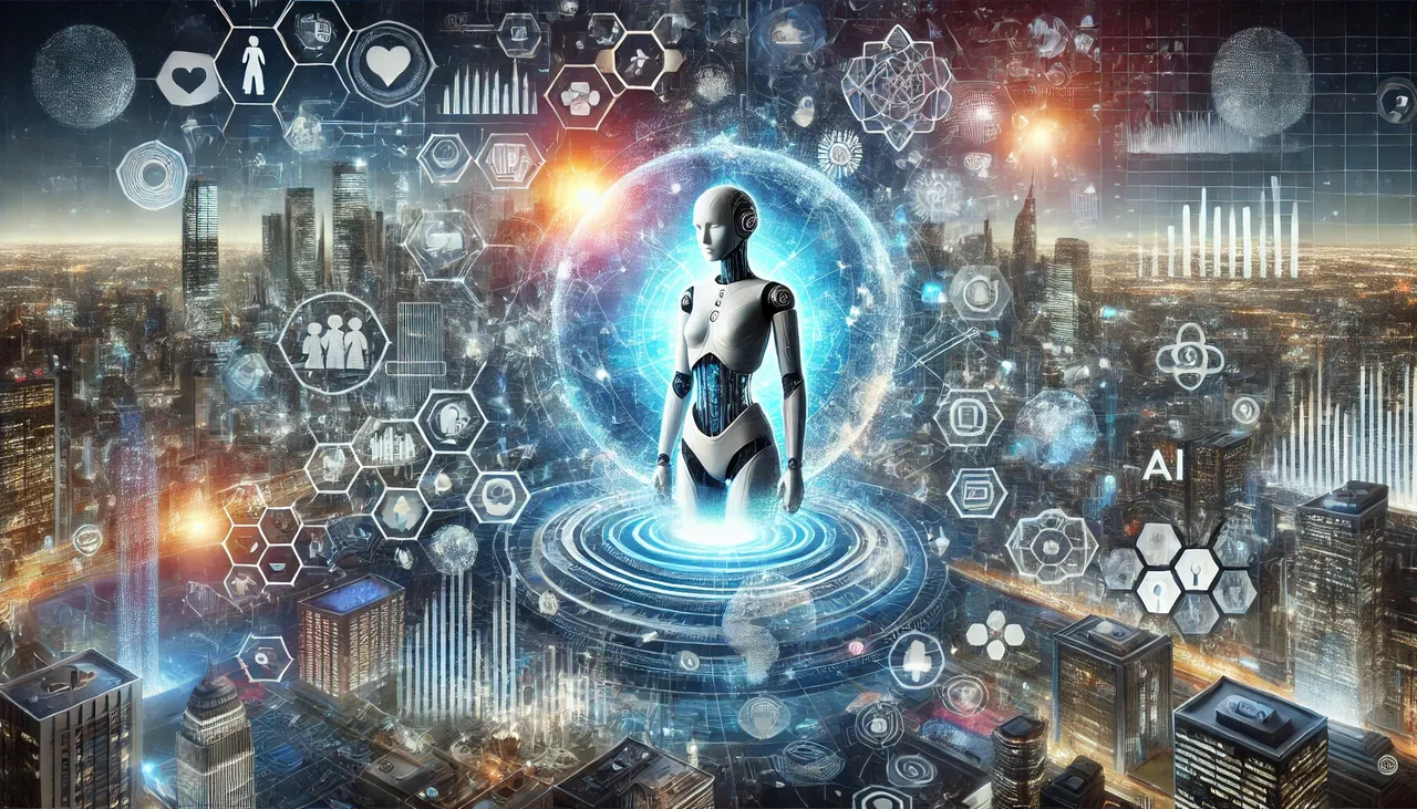 DALL·E 2024-12-24 16.03.46 - A futuristic concept art illustrating artificial intelligence transforming the world. The scene includes a glowing humanoid AI figure surrounded by ho.webp