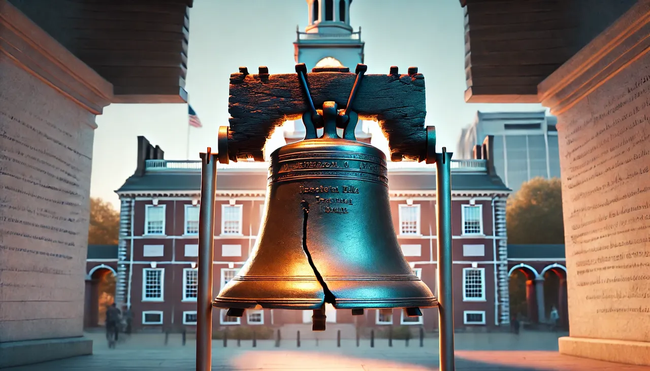 DALL·E 2024-12-22 11.32.54 - A detailed view of the Liberty Bell with its iconic crack, illuminated under soft lighting, set against a backdrop of the historic Independence Hall i.webp