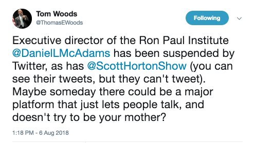 Tom Woods on Twitter Executive director of the Ron Paul Institute @DanielLMcAdams has been suspended by Twitter, as has @Scot… 18-08-08 14-50-12.jpg