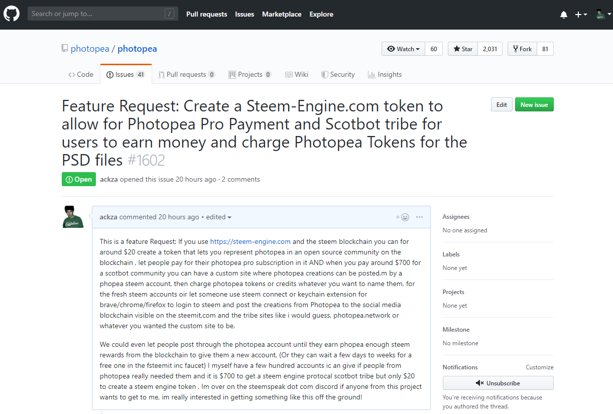 I created a Github Request and emailed Photopea devs about