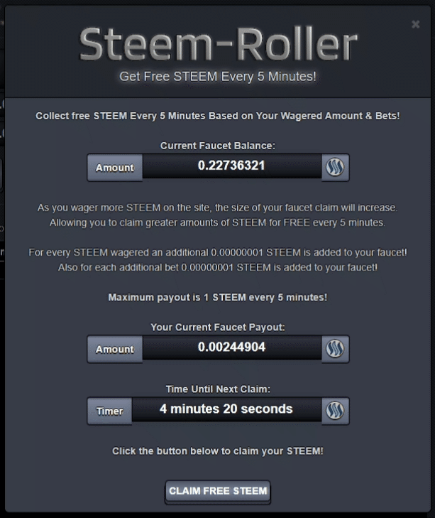 A screencap from Steem-Roller.com showing the upcoming faucet feature!