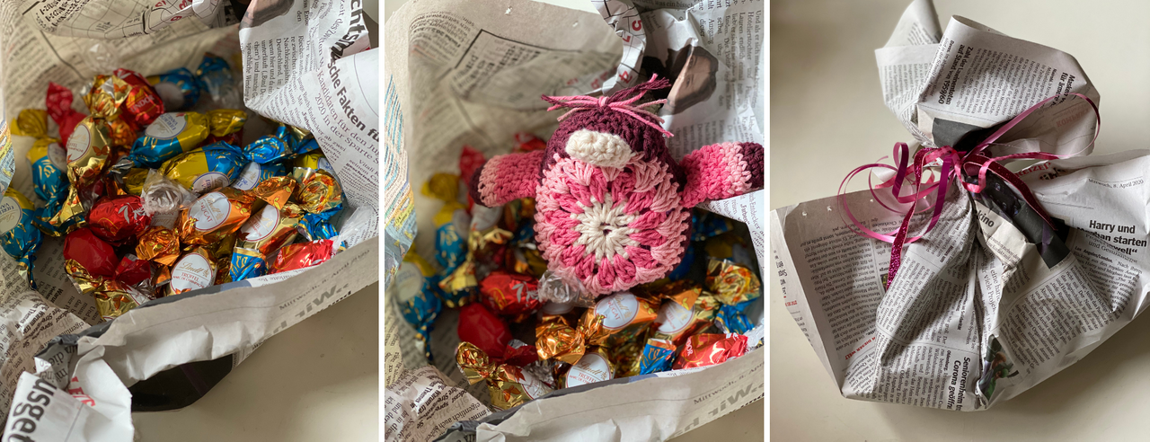 the finished present. Wrapped chocolate eggs and the crochet chicken