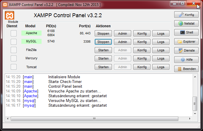 XAMPP Control Panel - Module sind gestartet