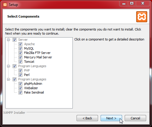 XAMPP installieren - Komponenten auswählen