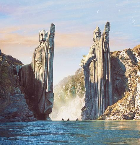 The River Anduin-The Gates of Argonath. The Argonath, also known as The Gates of Argonath or The Pillars of Kings, is a monument comprising of two enormous statues carved in the likenesses of Isildur and Anárion, standing upon either side of the River Anduin at the northern approach to Nen Hithoel. It marked the northern border of Gondor, as nearby down south were previous outposts, the Amon Hen and the Amon Lhaw.