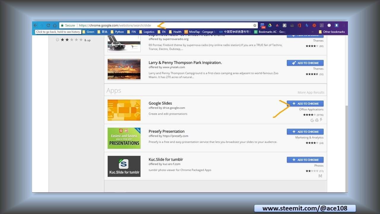 In Chrome, go to Chrome app store and search for Google Slides and [ADD TO CHROME]