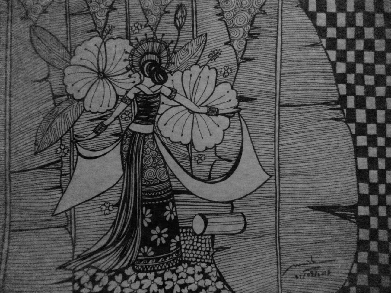 Balinese Dancer And Banana Leaves Doodle For New Batik Pattern