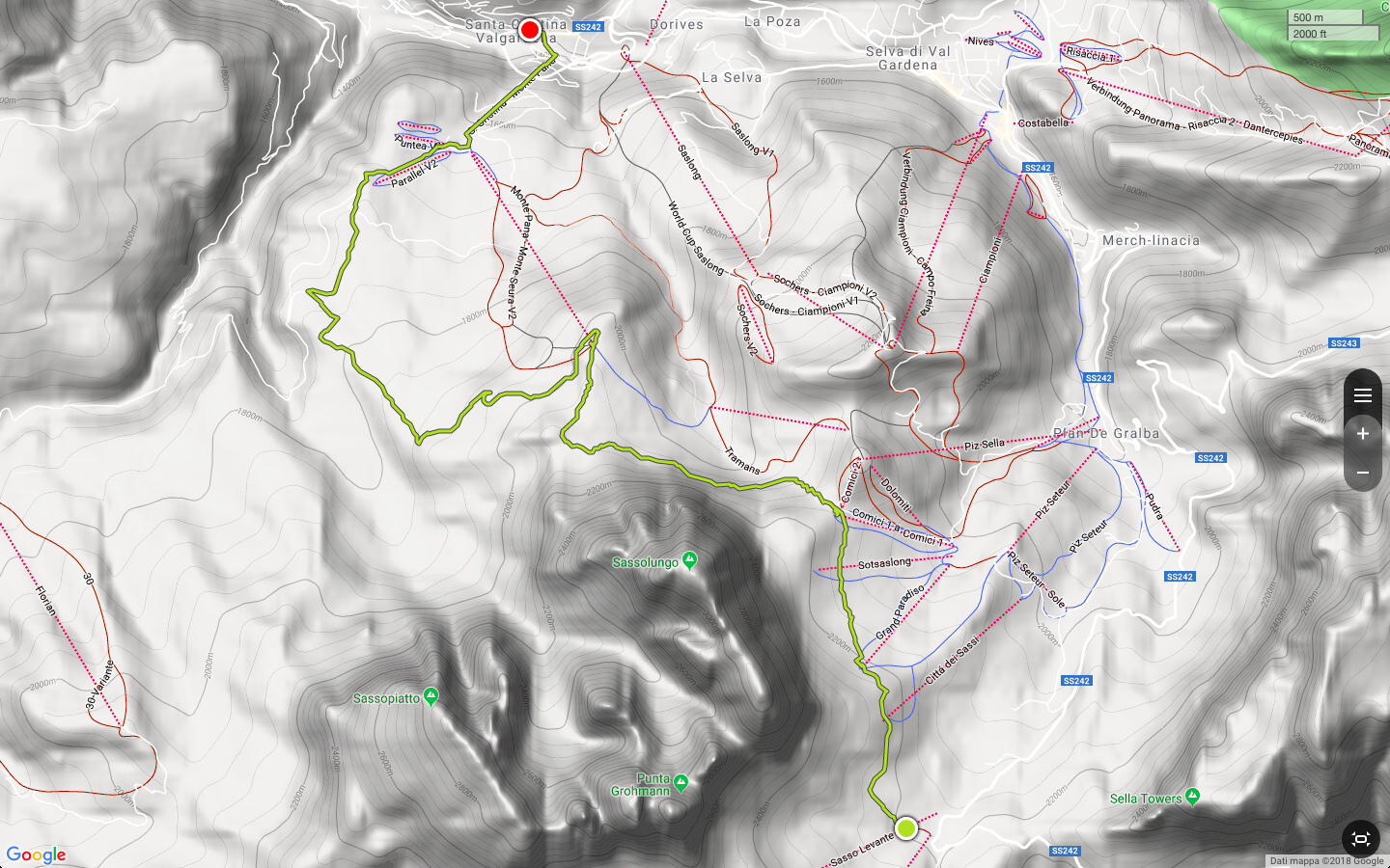 Tracciato GPS da Passo sella a Santa Cristina via rifugio Comici - ai piedi del Sassolungo - Dolomiti - Provincia Autonoma di Bolzano