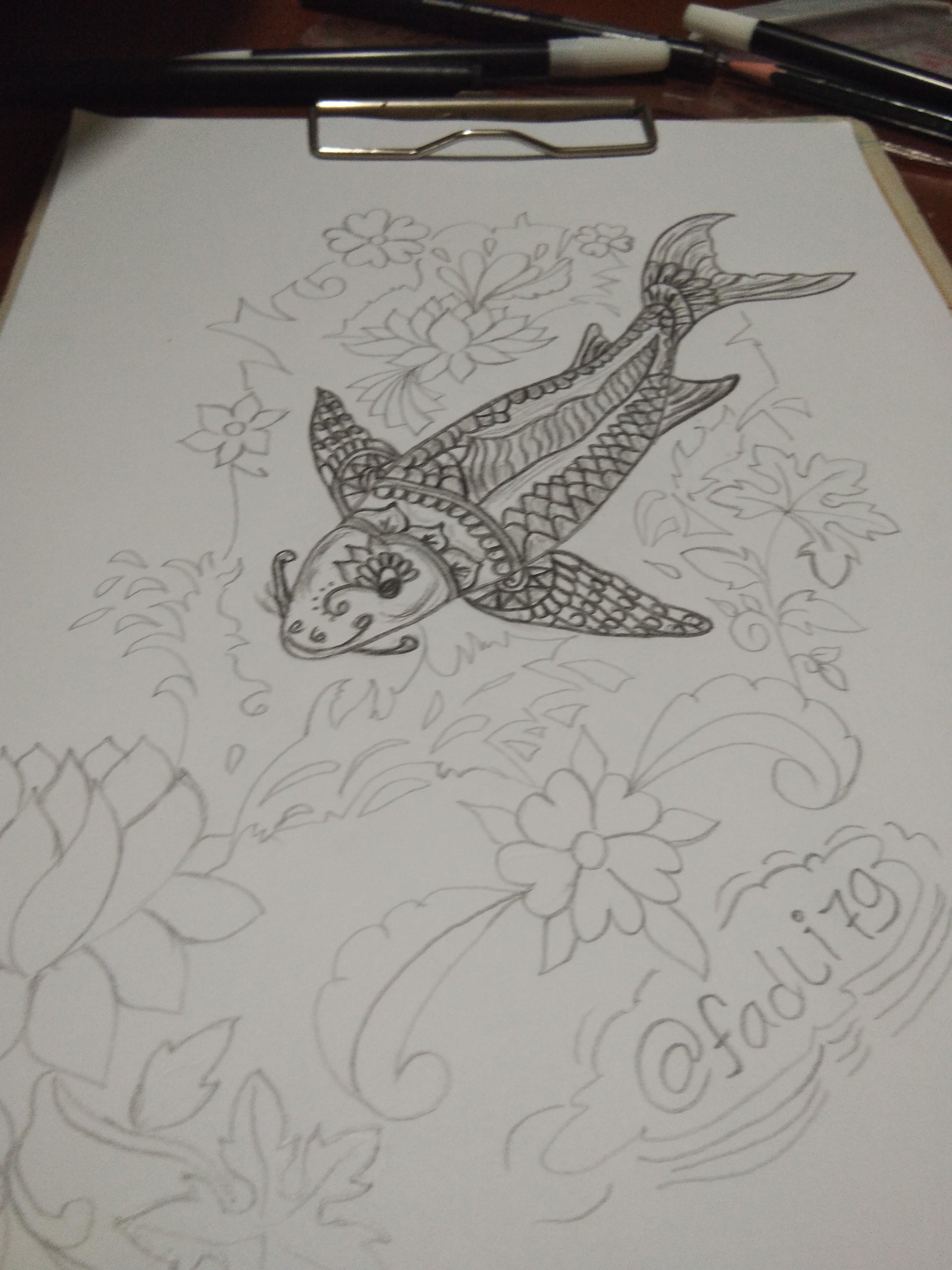 Ikan Dan Bunga Dalam Goresan Pensil Fish And Flower In A Pencil