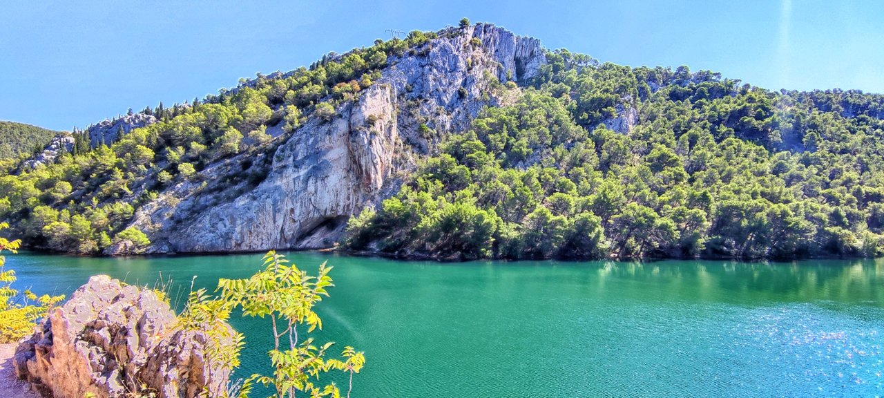 Rocks and trees and green water...