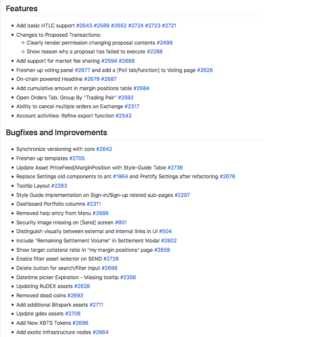 A screenshot from GitHub listing features, fixes and improvements to the BitShares UI worker.