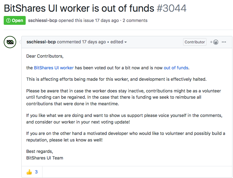 GitHub pinned issue from BitShares UI team