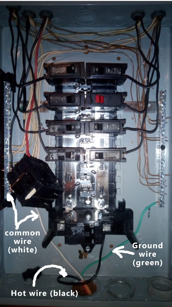 Breaker box showing how to wire inverter to A/C breaker box