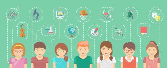 35080587_Vector_ilustraci_n_de_dibujos_animados_horizontal_plana_de_un_grupo_de_ni_os_con_los_iconos_de_sus_d_Foto_de_archivo