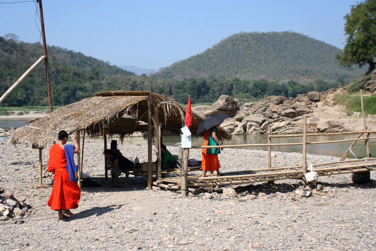 Bamboo bridges across the Mekong near Luang Prabang are washed away each year when the river floods. They are rebuilt in within a week when the flood subsides.