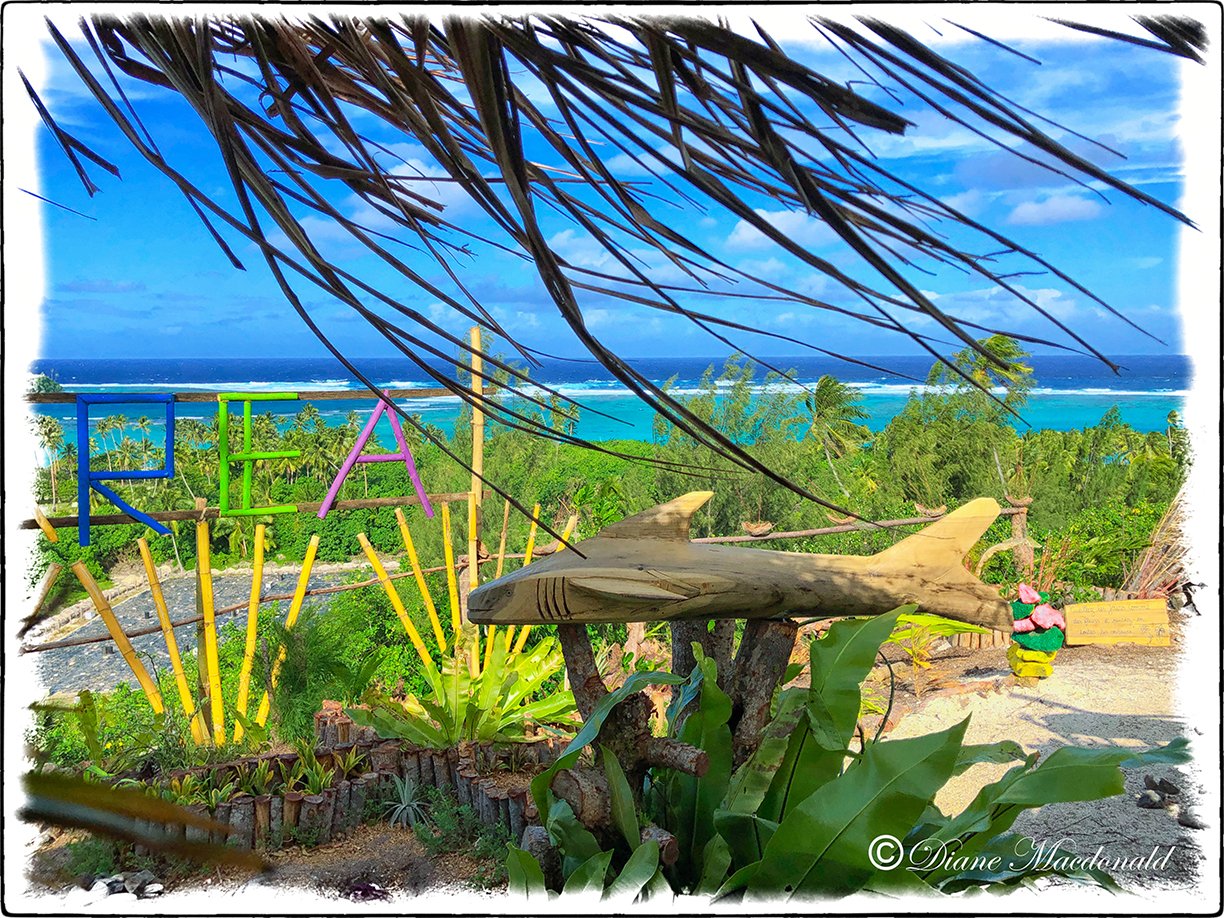 Carved shark on hilltop, Parea, Huahine