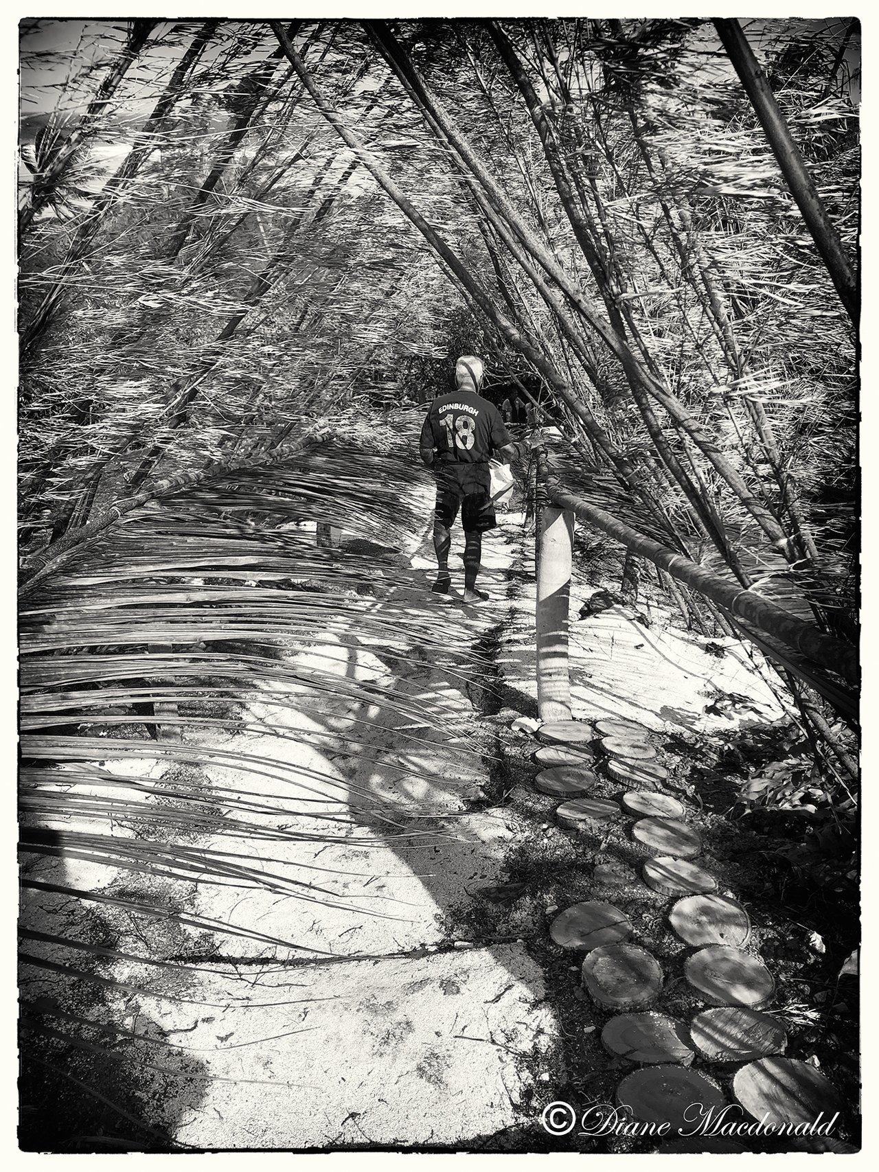 Jim on pathway on hilltop, Parea, Huahine