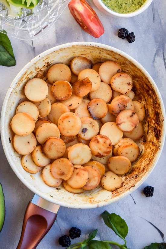 CARAMELIZED HEARTS of PALM SALAD with LEMON PESTO VINAIGRETTE on RIBBONED ZUCCHINI 📷 FOOD PHOTO