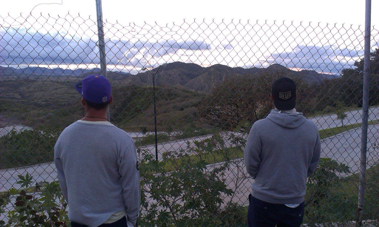 aaron and benny looking through the fence at the forest