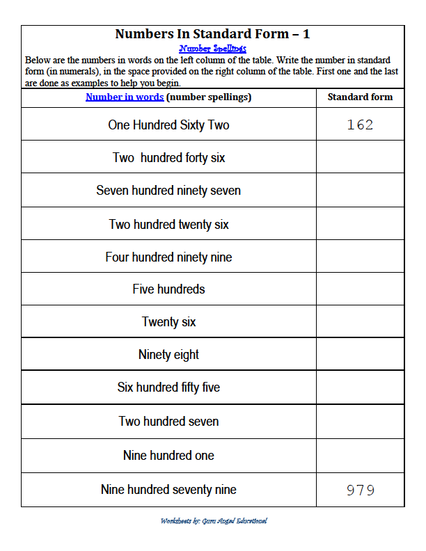 Writing Numbers In Standard Form Worksheets Grade 4
