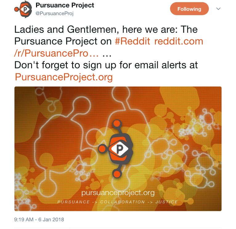 Pursuance Project on Twitter Ladies and Gentlemen here we are The Pursuance Project on Reddit https t.co uJbvTDZZzO … Don t forget to sign up for email alerts at… https t.co i6KXveWmVd .png