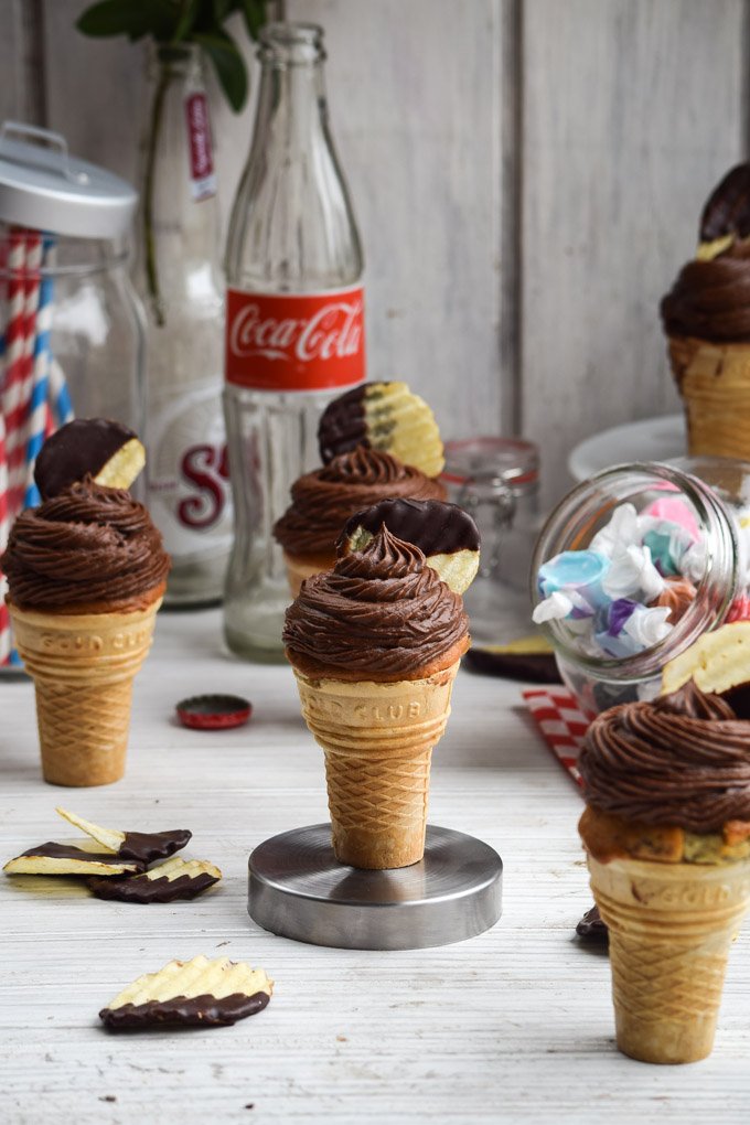 Chocolate Covered Potato Chip Ice Cream Cone Cupcakes..jpg