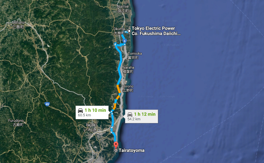 Tokyo Electric Power Co. Fukushima Daiichi Nuclear Power Plant to Tairatoyoma   Google Maps.png