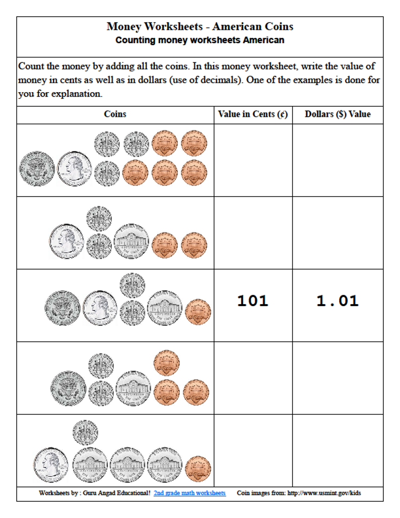 2nd grade math money worksheets using american coins