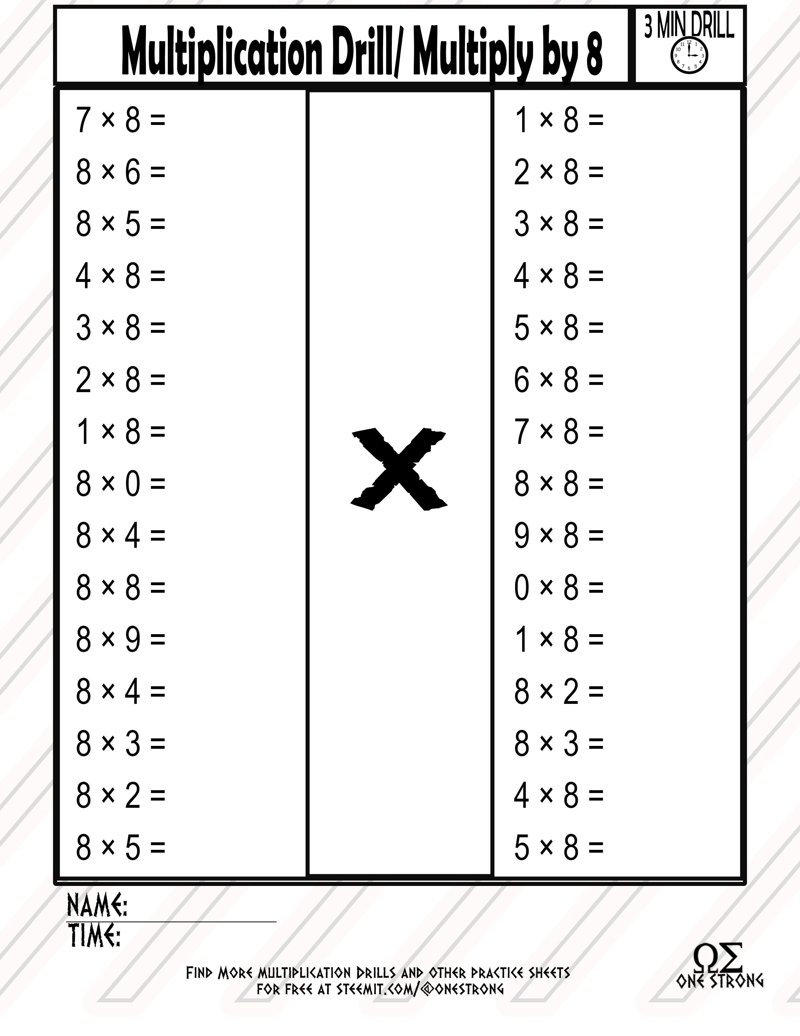 "Multiplication Drills Multiply by 8's " Free Math Resources from One