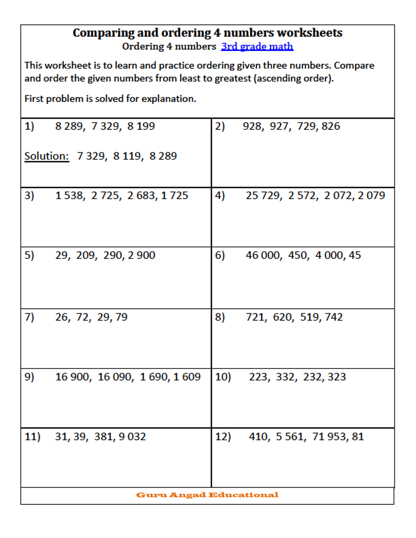 3rd grade math ordering numbers worksheets steemkr