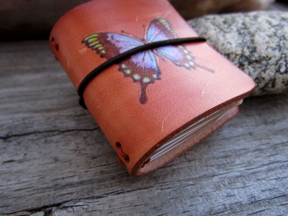 Butterfly Pyrography and Dye Mini Leather Travelers Notebook 1b.jpg