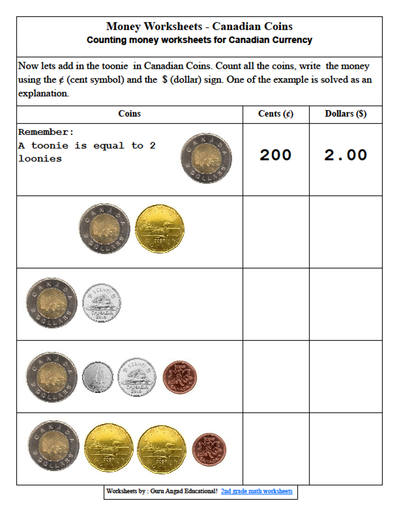 2nd grade math money worksheets with canadian coins 2