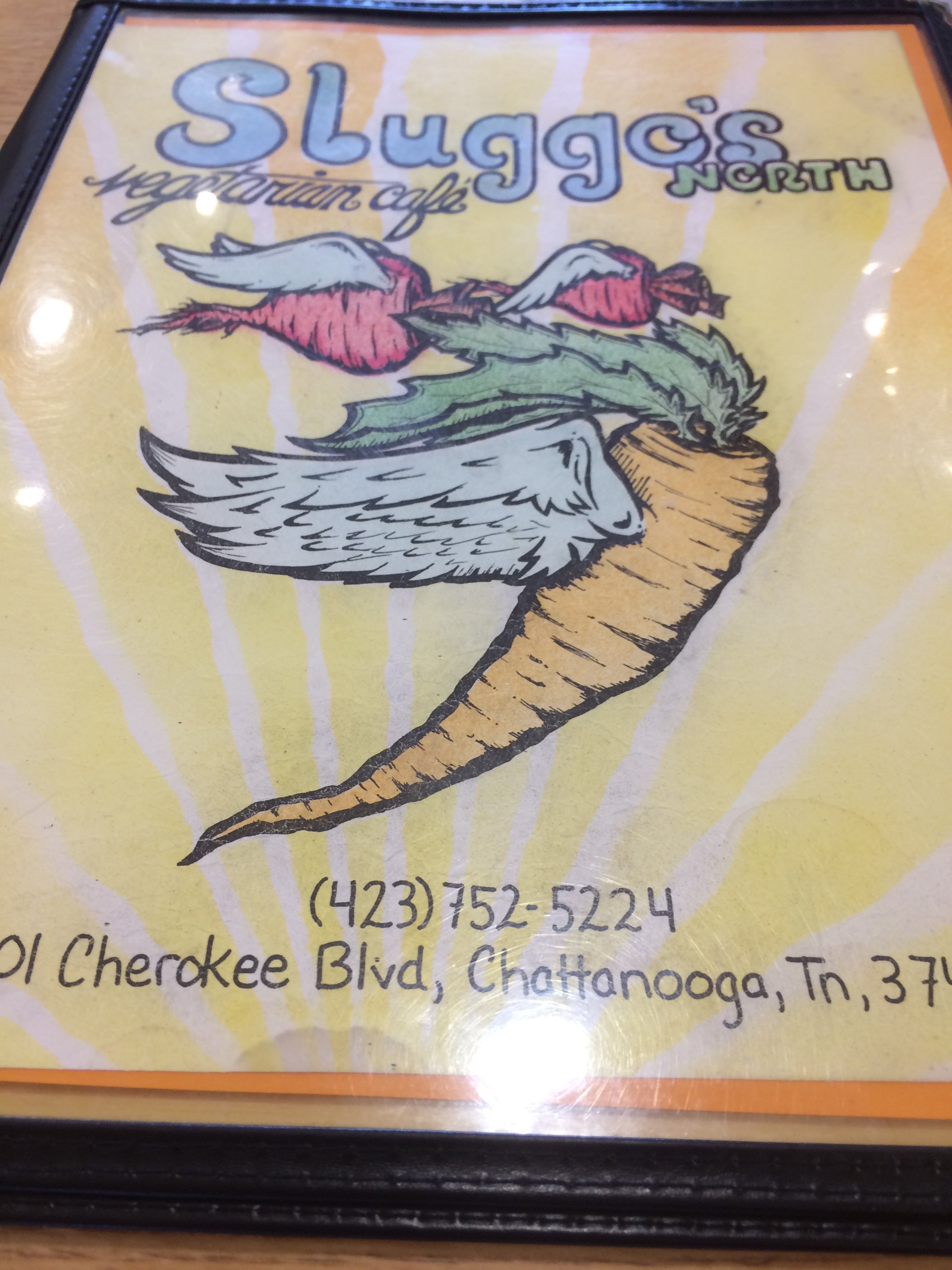 Menu Cover Sluggo's North Vegetarian Cafe in Chattanooga, Tennessee.JPG